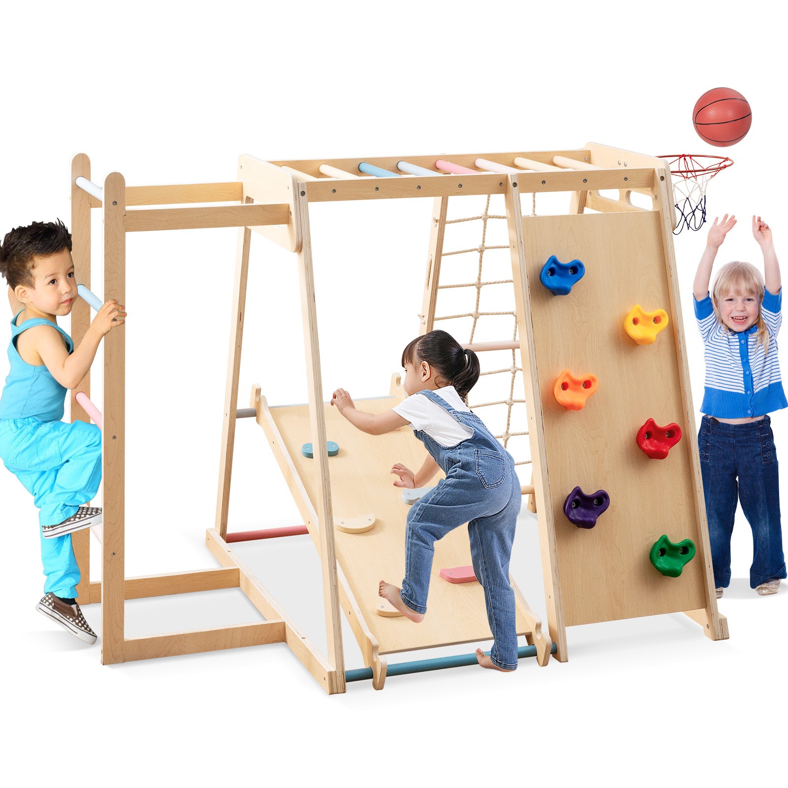 6-in-1 wooden kids indoor jungle gym with slide, monkey bars, climbing wall and basketball hoop