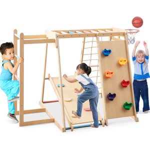 6-in-1 wooden kids indoor jungle gym with slide, monkey bars, climbing wall and basketball hoop