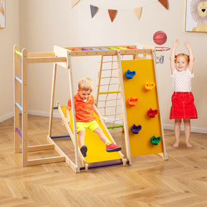 Six activity indoor playground for children with climbing and sliding features