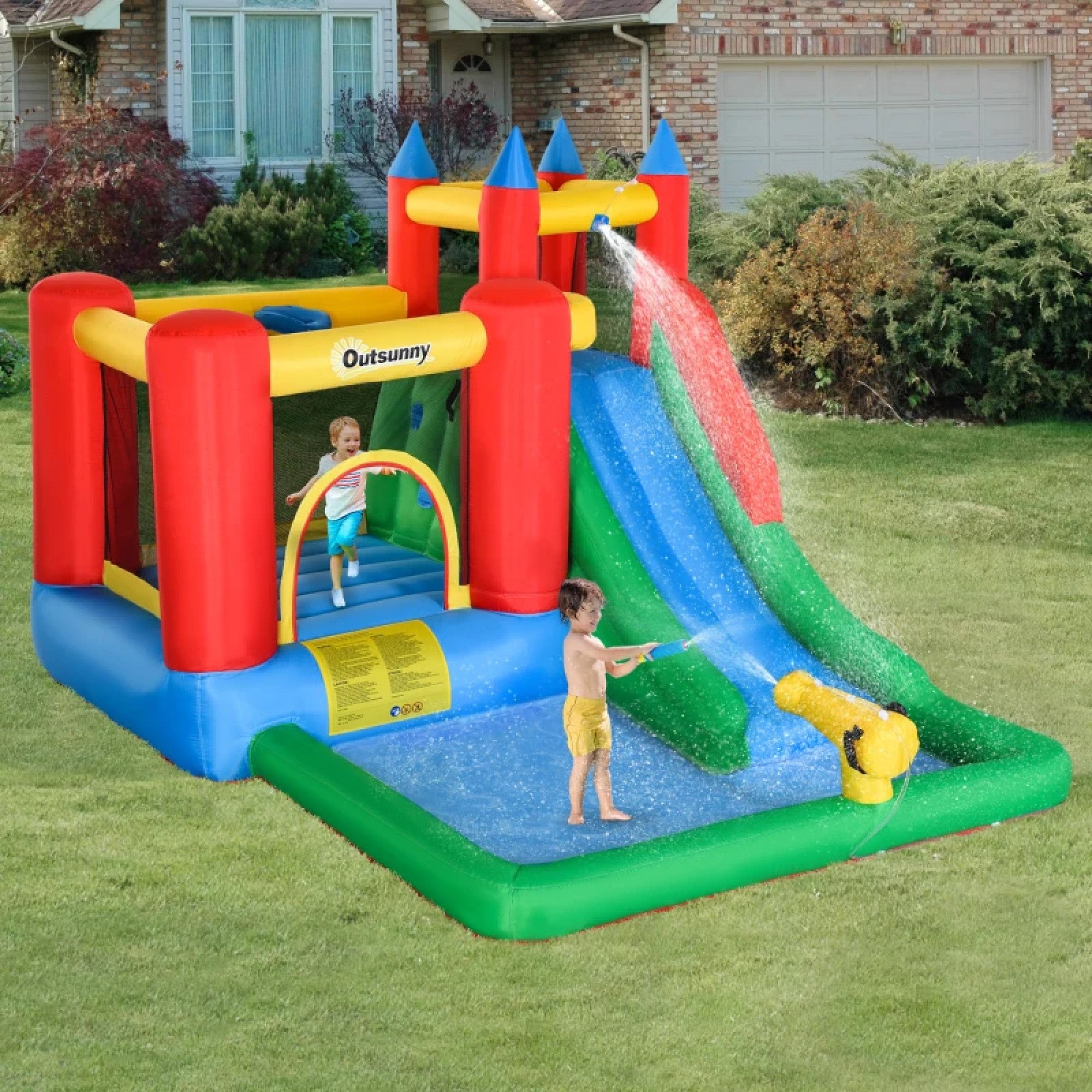 6-in-1 Kids Bounce House Inflatable Water Slide with Pool, Water Cannon, Climbing Wall, Inflator Included