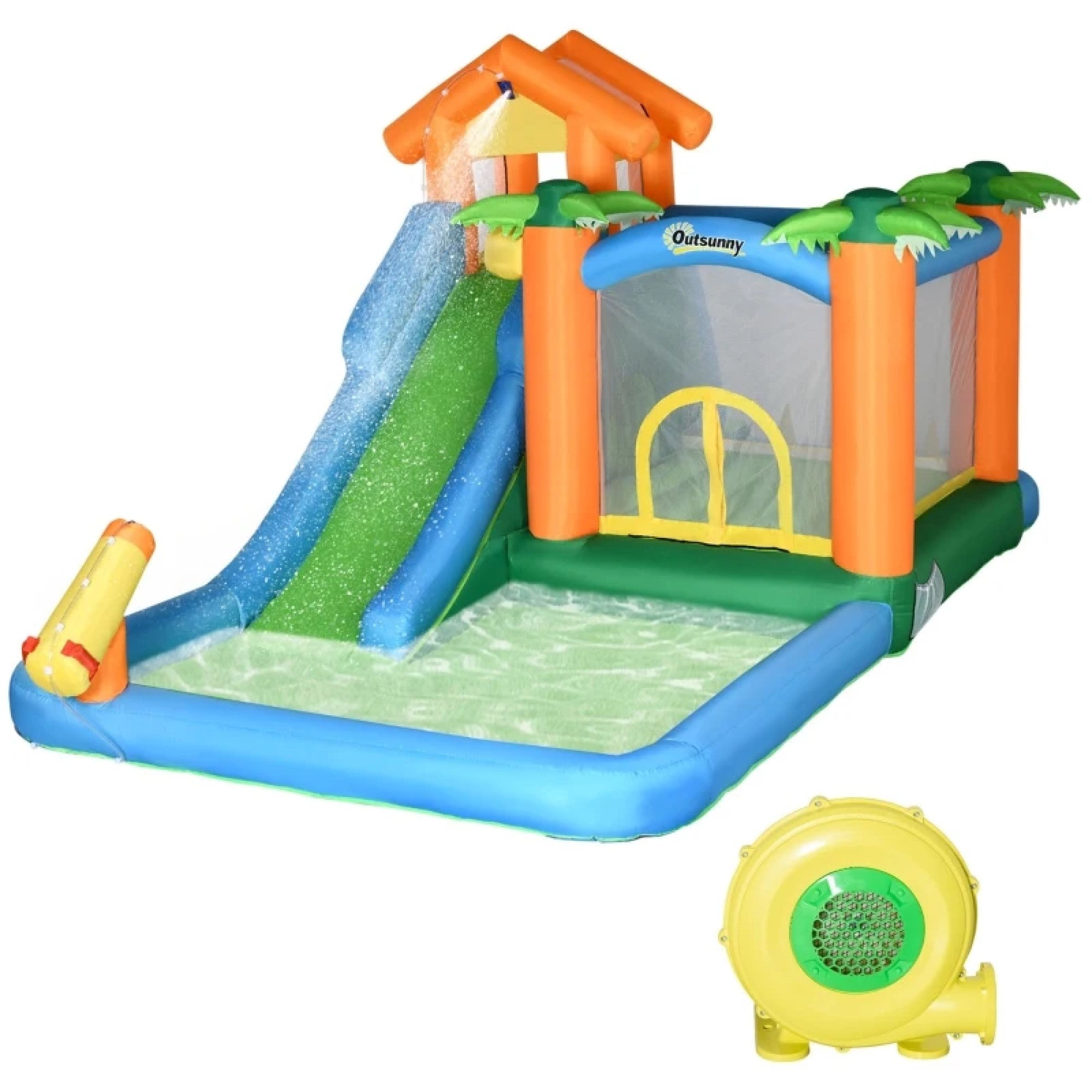 6-in-1 Tropical Inflatable Water Slide Summer Theme Jumping Castle Includes Floating Ball Slide with Carry Bag and 450W Air Blower