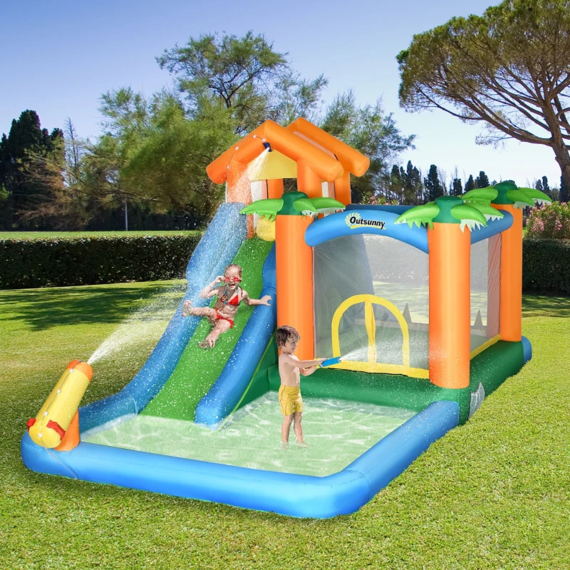 6-in-1 Tropical Inflatable Water Slide Summer Theme Jumping Castle Includes Floating Ball Slide with Carry Bag and 450W Air Blower