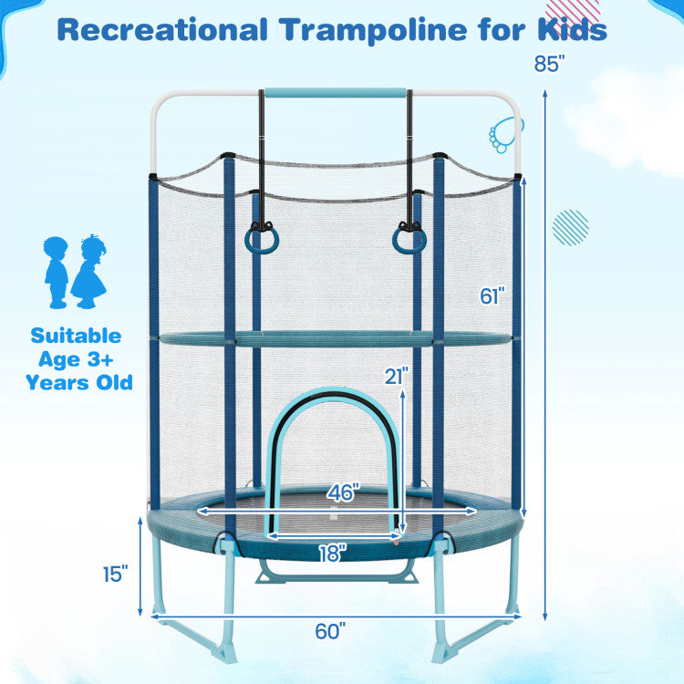 60-Inch Kids Trampoline with Gymnastic Bar, Rings, & Safety Net for Fun Play