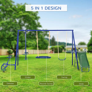 693 lbs 5-in-1 Heavy-Duty Frame Swing Set for Kids Saucer, Slide, Seesaw, Glider