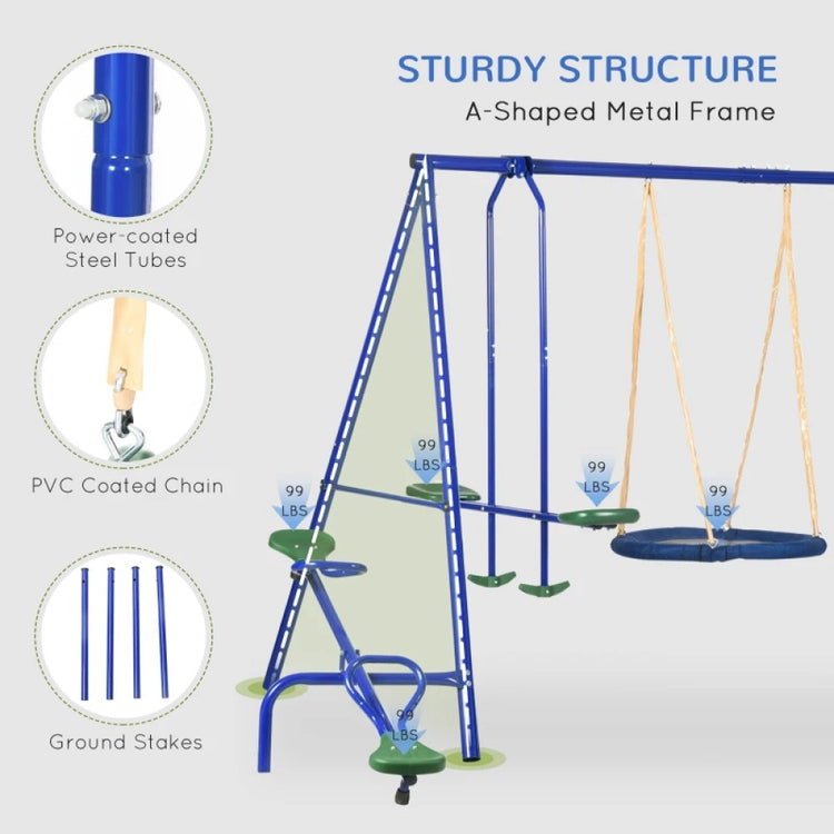 693 lbs 5-in-1 Heavy-Duty Frame Swing Set for Kids Saucer, Slide, Seesaw, Glider