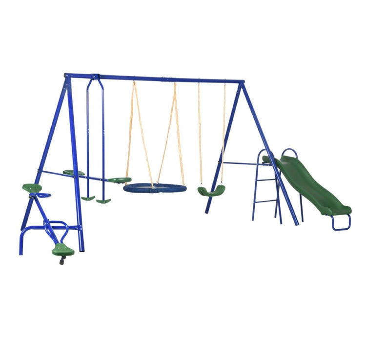 693 lbs 5-in-1 Heavy-Duty Frame Swing Set for Kids Saucer, Slide, Seesaw, Glider