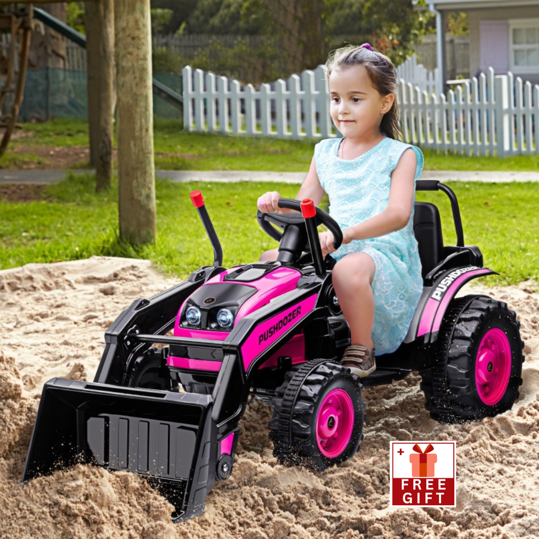 6V Kids Ride on Excavator, Bulldozer, Electric Construction Vehicle, Rechargeable Battery Powered Truck with Adjustable Bucket, High/Low Speed, Realistic Sound and Headlights, Pink
