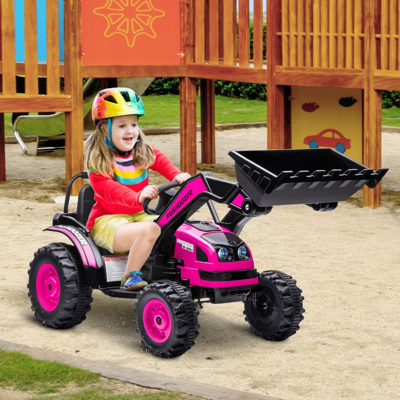 6V Kids Ride on Excavator, Bulldozer, Electric Construction Vehicle, Rechargeable Battery Powered Truck with Adjustable Bucket, High/Low Speed, Realistic Sound and Headlights, Pink