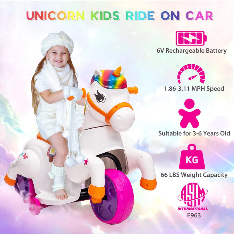 6V Unicorn Electric Ride-On Car for Kids with Training Wheels, Battery-Powered Toy Vehicle