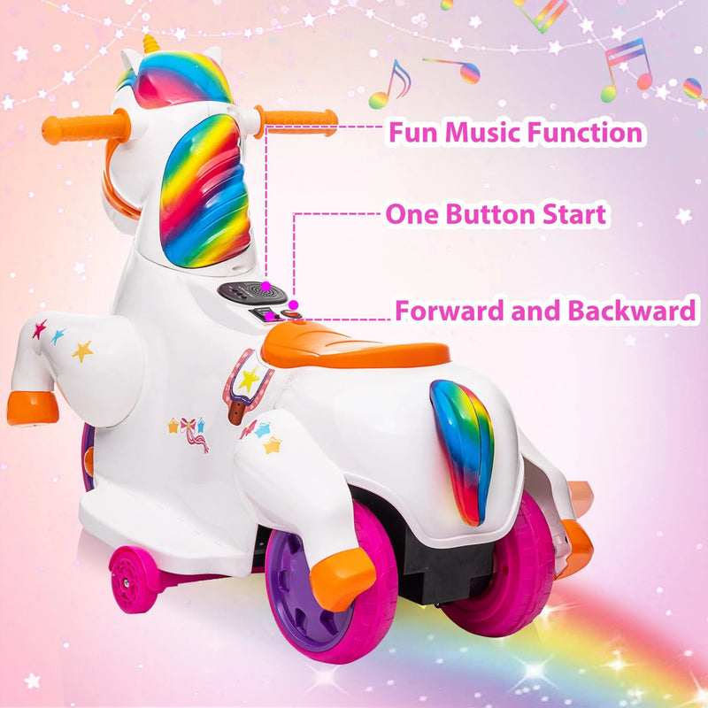 6V Unicorn Electric Ride-On Car for Kids with Training Wheels, Battery-Powered Toy Vehicle