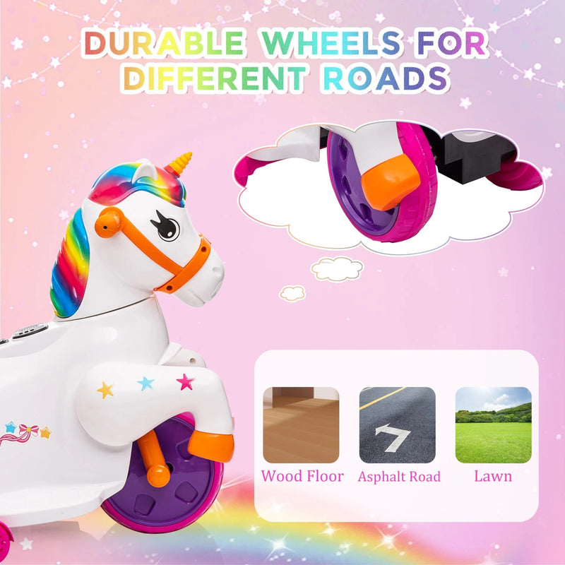 6V Unicorn Electric Ride-On Car for Kids with Training Wheels, Battery-Powered Toy Vehicle