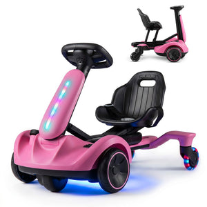 Pink and black toy car with steering wheel and seat on a white background