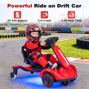 A child wearing a red racing suit and helmet sits on a red drift-style toy car with a steering wheel, photographed on a go-kart track. The image includes marketing text and icons about battery life, speed, and ride time.