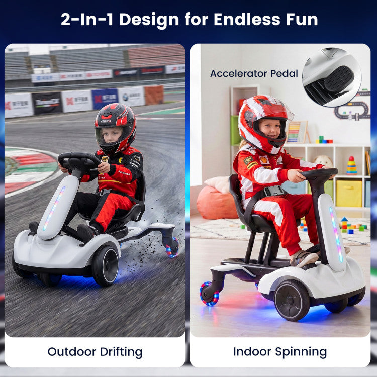 A promotional comparison graphic showing a child wearing a red racing suit and helmet riding a white electric go-kart in two settings: outdoors on a racetrack labeled 'Outdoor Drifting,' and indoors on a playroom floor labeled 'Indoor Spinning.' The top text reads '2-In-1 Design for Endless Fun,' and the right panel includes an inset callout labeled 'Accelerator Pedal.