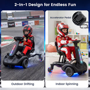 A 2-in-1 electric kid's ride-on toy shown in two usage scenarios: on a race track outdoors for drifting, and in a playroom indoors for spinning. The product is a black ride-on with colorful LED lights, featuring an accelerator pedal inset diagram.