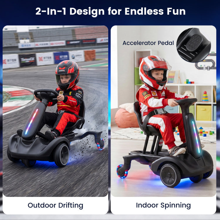 A 2-in-1 electric kid's ride-on toy shown in two usage scenarios: on a race track outdoors for drifting, and in a playroom indoors for spinning. The product is a black ride-on with colorful LED lights, featuring an accelerator pedal inset diagram.