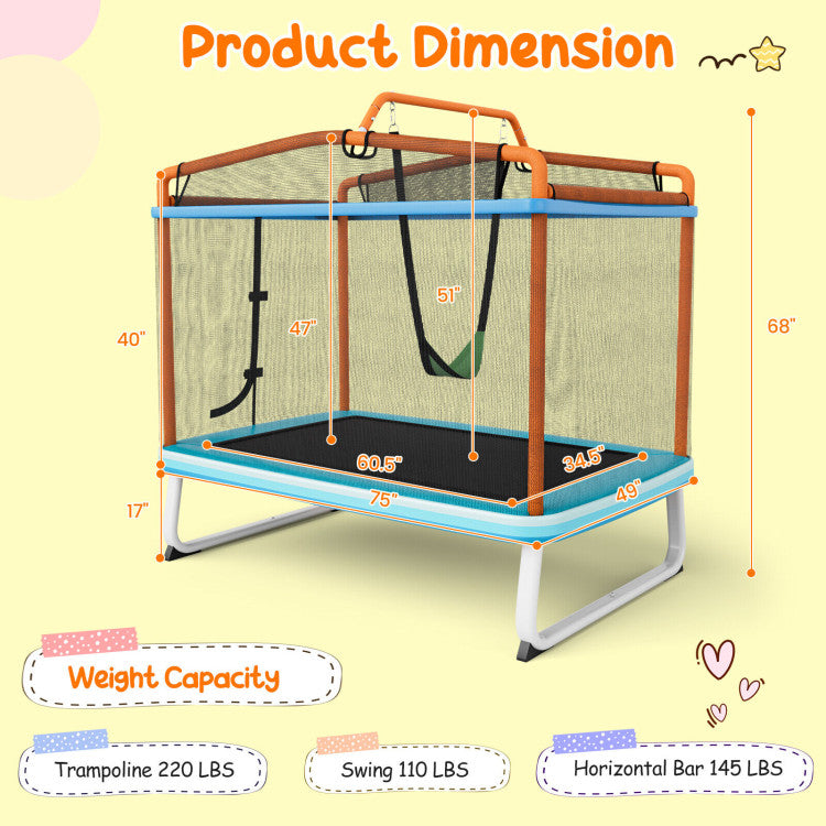 6 Ft Kids Trampoline with Swing, Horizontal Bar & Safety Net – Outdoor Play Equipment
