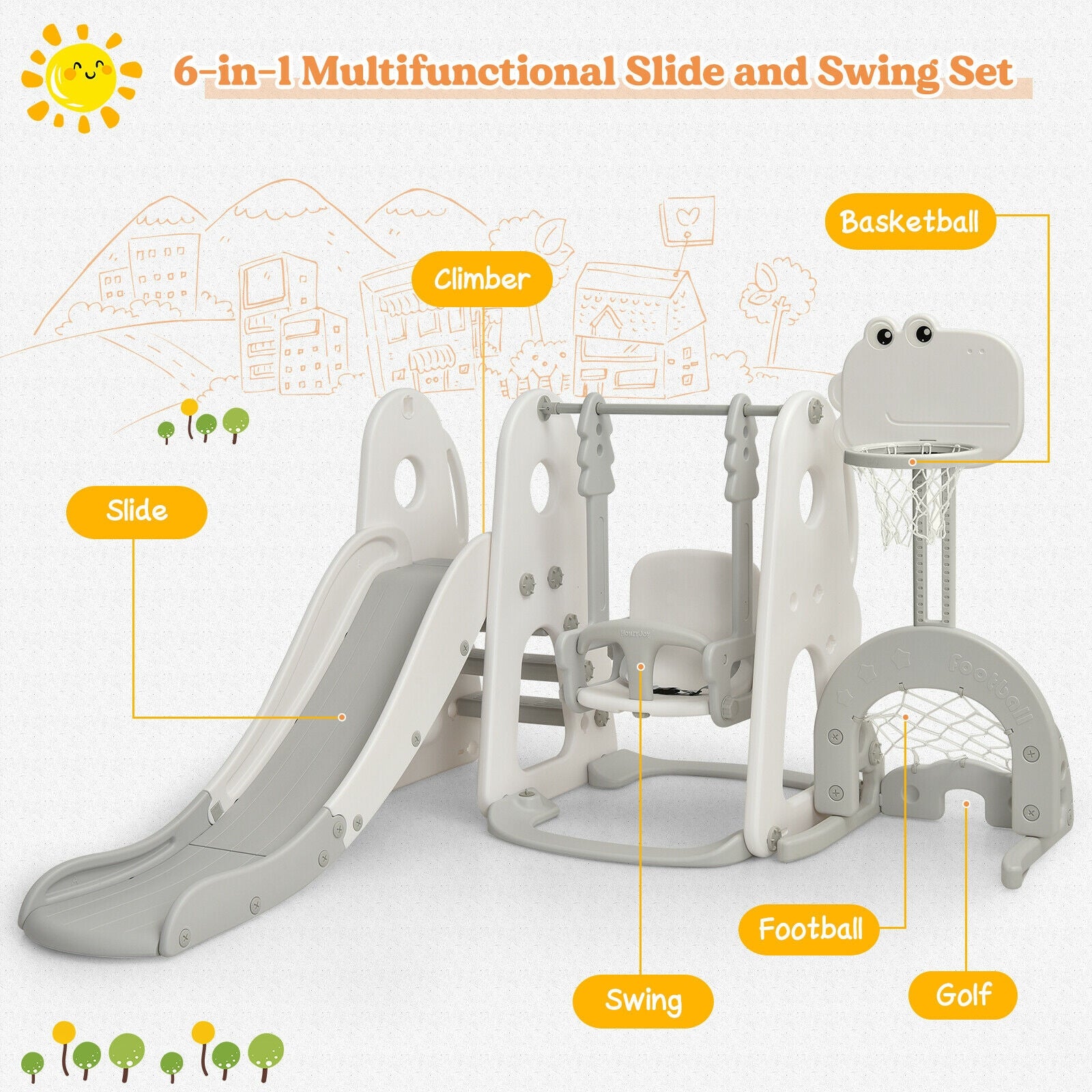 6-in-1 Multifunctional Slide and Swing Set with labeled components on a white background