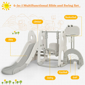 6-in-1 Multifunctional Slide and Swing Set with labeled components on a white background