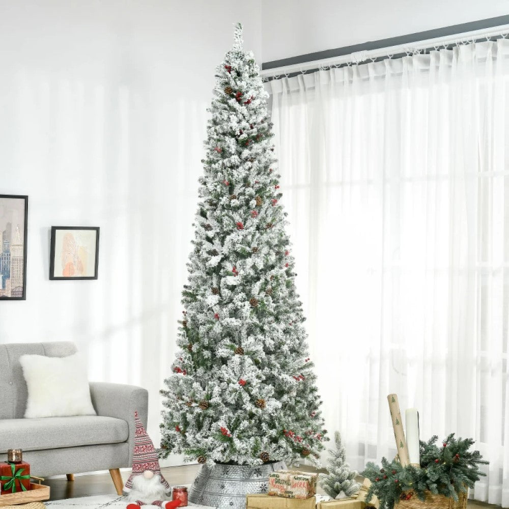 6ft, 7.5ft, 9ft Pencil Snow-Flocked Artificial Christmas Trees with Realistic Pine Branches, Pine Cones, Red Berries, and Auto-Open Design (Green)