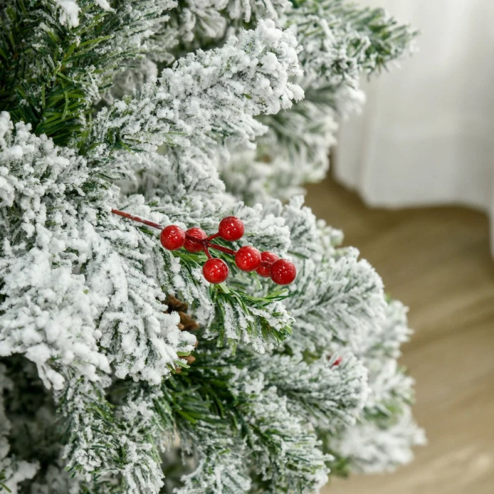 6ft, 7.5ft, 9ft Pencil Snow-Flocked Artificial Christmas Trees with Realistic Pine Branches, Pine Cones, Red Berries, and Auto-Open Design (Green)