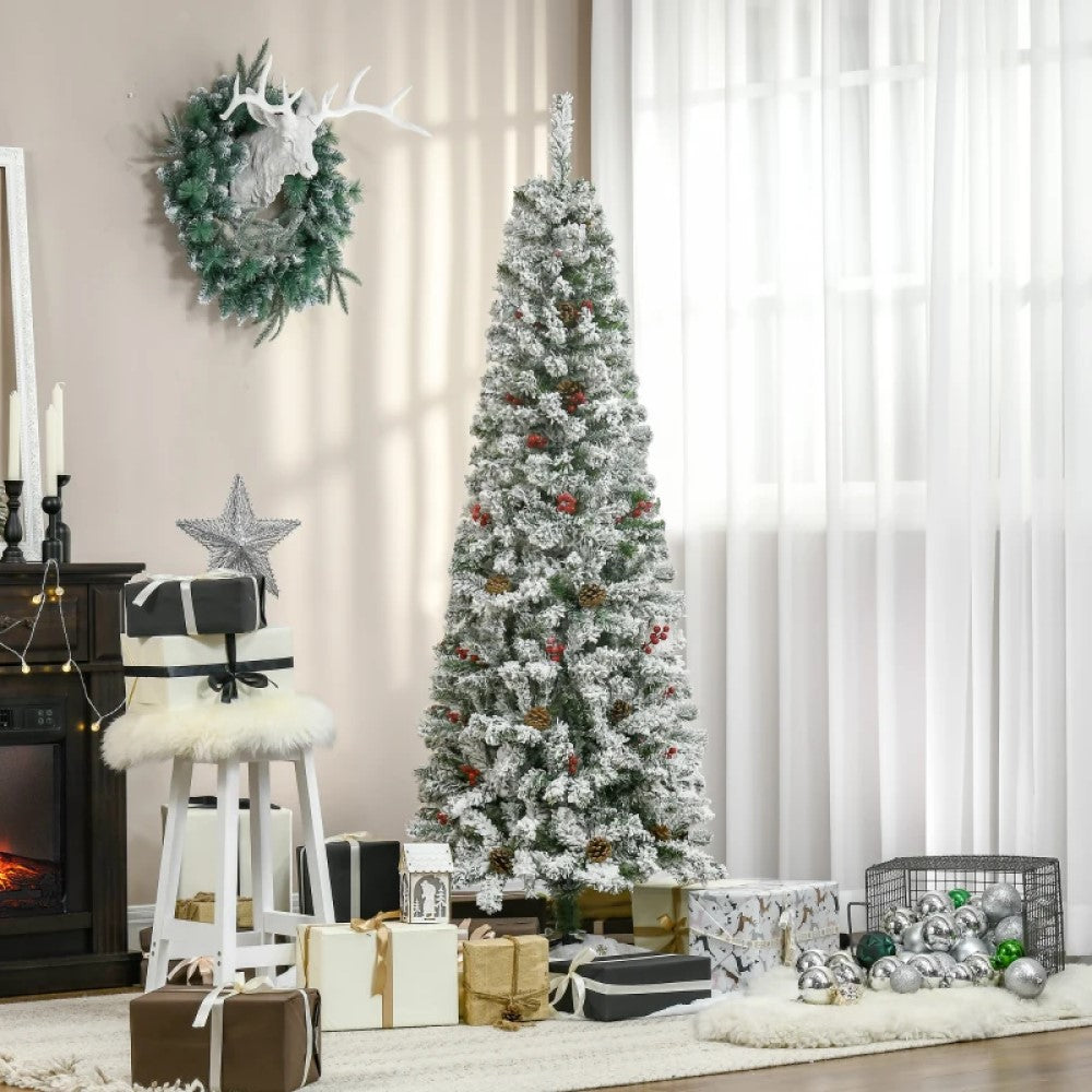 6ft, 7.5ft, 9ft Pencil Snow-Flocked Artificial Christmas Trees with Realistic Pine Branches, Pine Cones, Red Berries, and Auto-Open Design (Green)