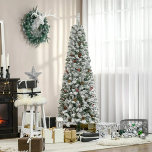6ft, 7.5ft, 9ft Pencil Snow-Flocked Artificial Christmas Trees with Realistic Pine Branches, Pine Cones, Red Berries, and Auto-Open Design (Green)