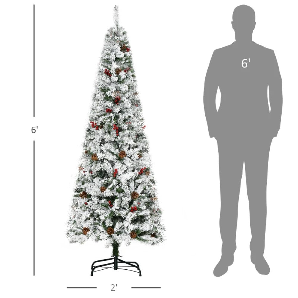 6ft, 7.5ft, 9ft Pencil Snow-Flocked Artificial Christmas Trees with Realistic Pine Branches, Pine Cones, Red Berries, and Auto-Open Design (Green)