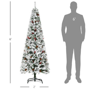 6ft, 7.5ft, 9ft Pencil Snow-Flocked Artificial Christmas Trees with Realistic Pine Branches, Pine Cones, Red Berries, and Auto-Open Design (Green)