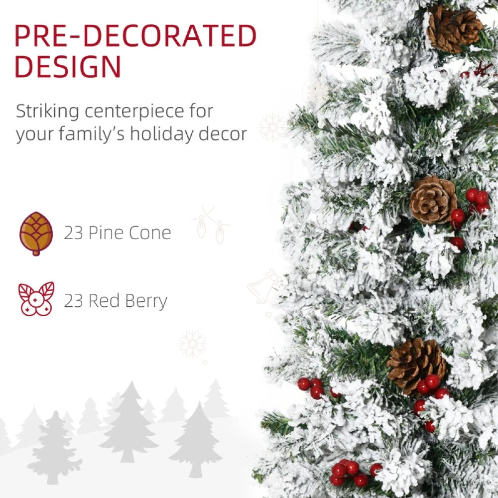 6ft, 7.5ft, 9ft Pencil Snow-Flocked Artificial Christmas Trees with Realistic Pine Branches, Pine Cones, Red Berries, and Auto-Open Design (Green)