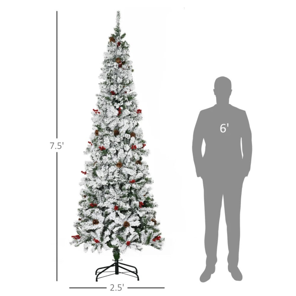 6ft, 7.5ft, 9ft Pencil Snow-Flocked Artificial Christmas Trees with Realistic Pine Branches, Pine Cones, Red Berries, and Auto-Open Design (Green)