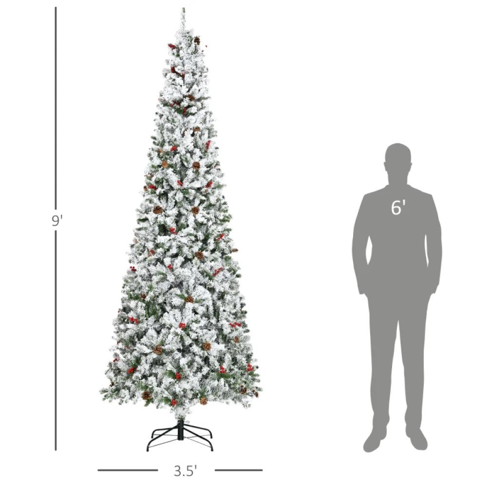 6ft, 7.5ft, 9ft Pencil Snow-Flocked Artificial Christmas Trees with Realistic Pine Branches, Pine Cones, Red Berries, and Auto-Open Design (Green)