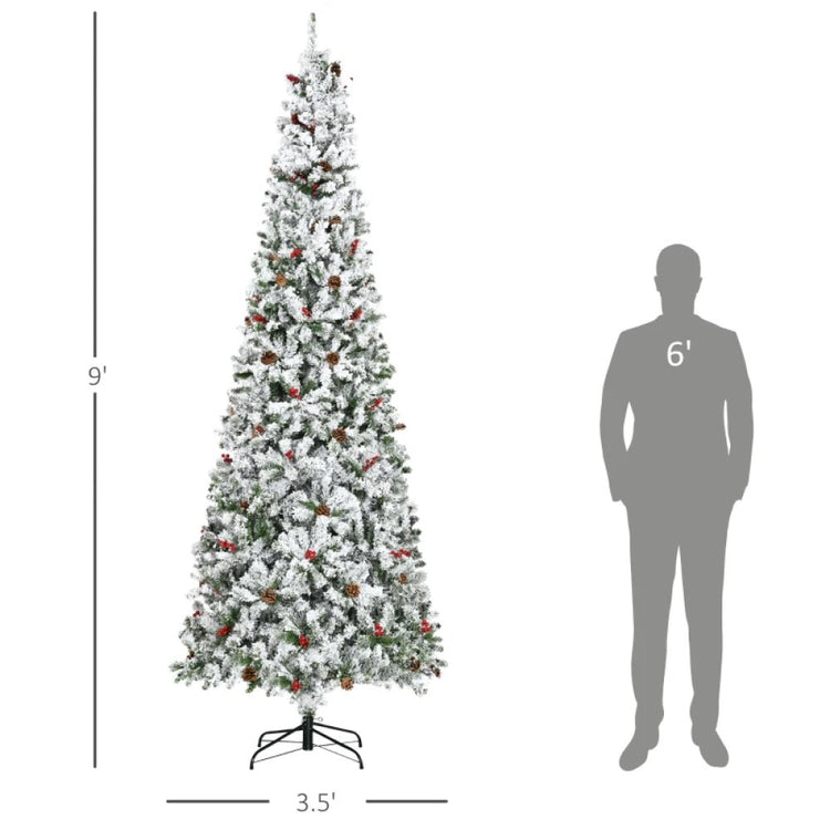6ft, 7.5ft, 9ft Pencil Snow-Flocked Artificial Christmas Trees with Realistic Pine Branches, Pine Cones, Red Berries, and Auto-Open Design (Green)