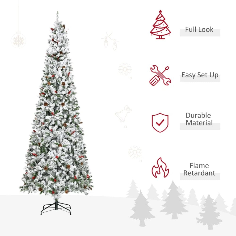 6ft, 7.5ft, 9ft Pencil Snow-Flocked Artificial Christmas Trees with Realistic Pine Branches, Pine Cones, Red Berries, and Auto-Open Design (Green)