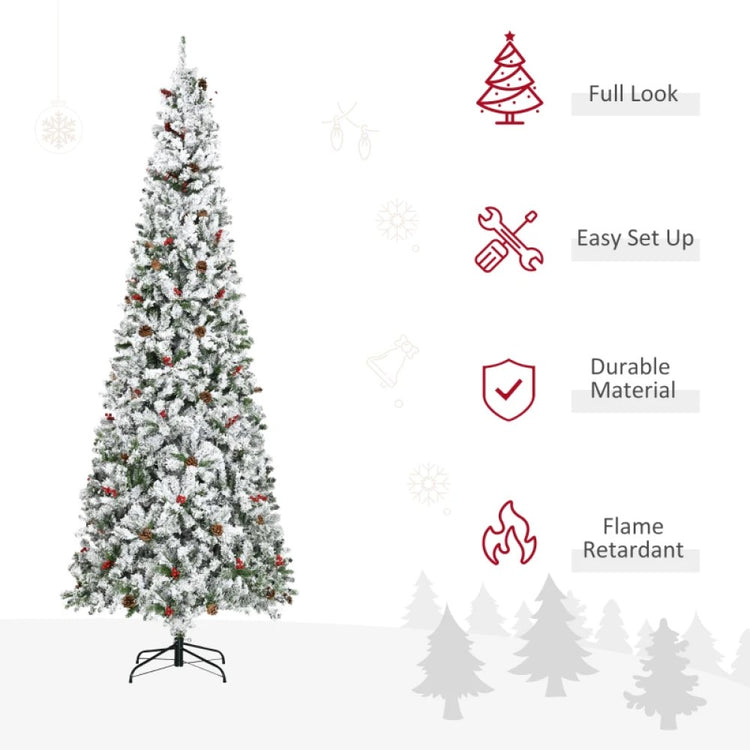 6ft, 7.5ft, 9ft Pencil Snow-Flocked Artificial Christmas Trees with Realistic Pine Branches, Pine Cones, Red Berries, and Auto-Open Design (Green)