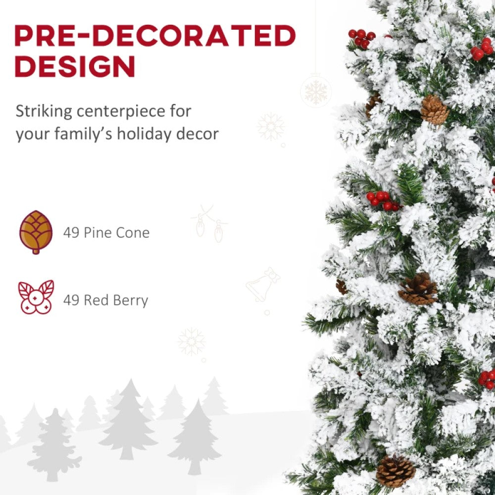 6ft, 7.5ft, 9ft Pencil Snow-Flocked Artificial Christmas Trees with Realistic Pine Branches, Pine Cones, Red Berries, and Auto-Open Design (Green)