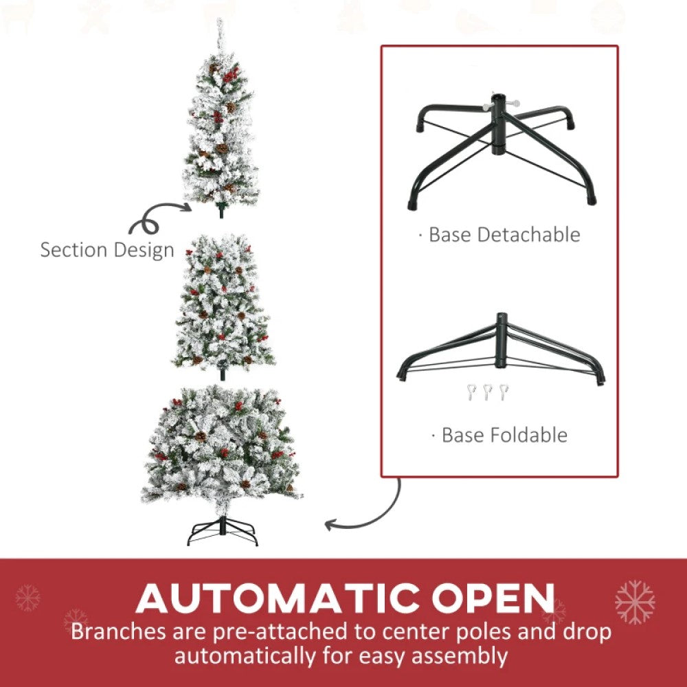 6ft, 7.5ft, 9ft Pencil Snow-Flocked Artificial Christmas Trees with Realistic Pine Branches, Pine Cones, Red Berries, and Auto-Open Design (Green)