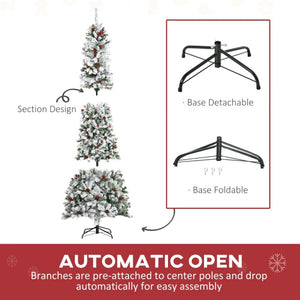 6ft, 7.5ft, 9ft Pencil Snow-Flocked Artificial Christmas Trees with Realistic Pine Branches, Pine Cones, Red Berries, and Auto-Open Design (Green)
