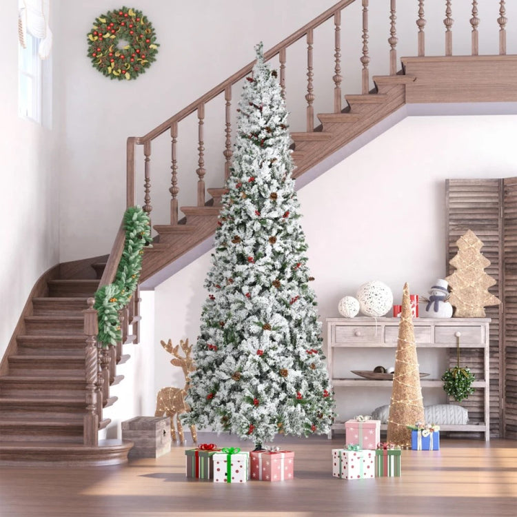 6ft, 7.5ft, 9ft Pencil Snow-Flocked Artificial Christmas Trees with Realistic Pine Branches, Pine Cones, Red Berries, and Auto-Open Design (Green)
