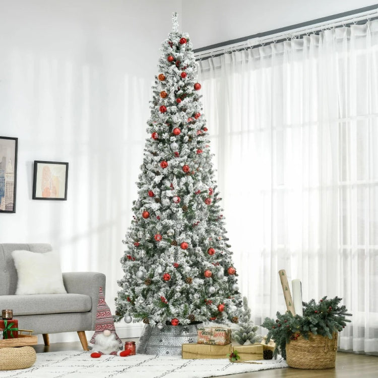 6ft, 7.5ft, 9ft Pencil Snow-Flocked Artificial Christmas Trees with Realistic Pine Branches, Pine Cones, Red Berries, and Auto-Open Design (Green)