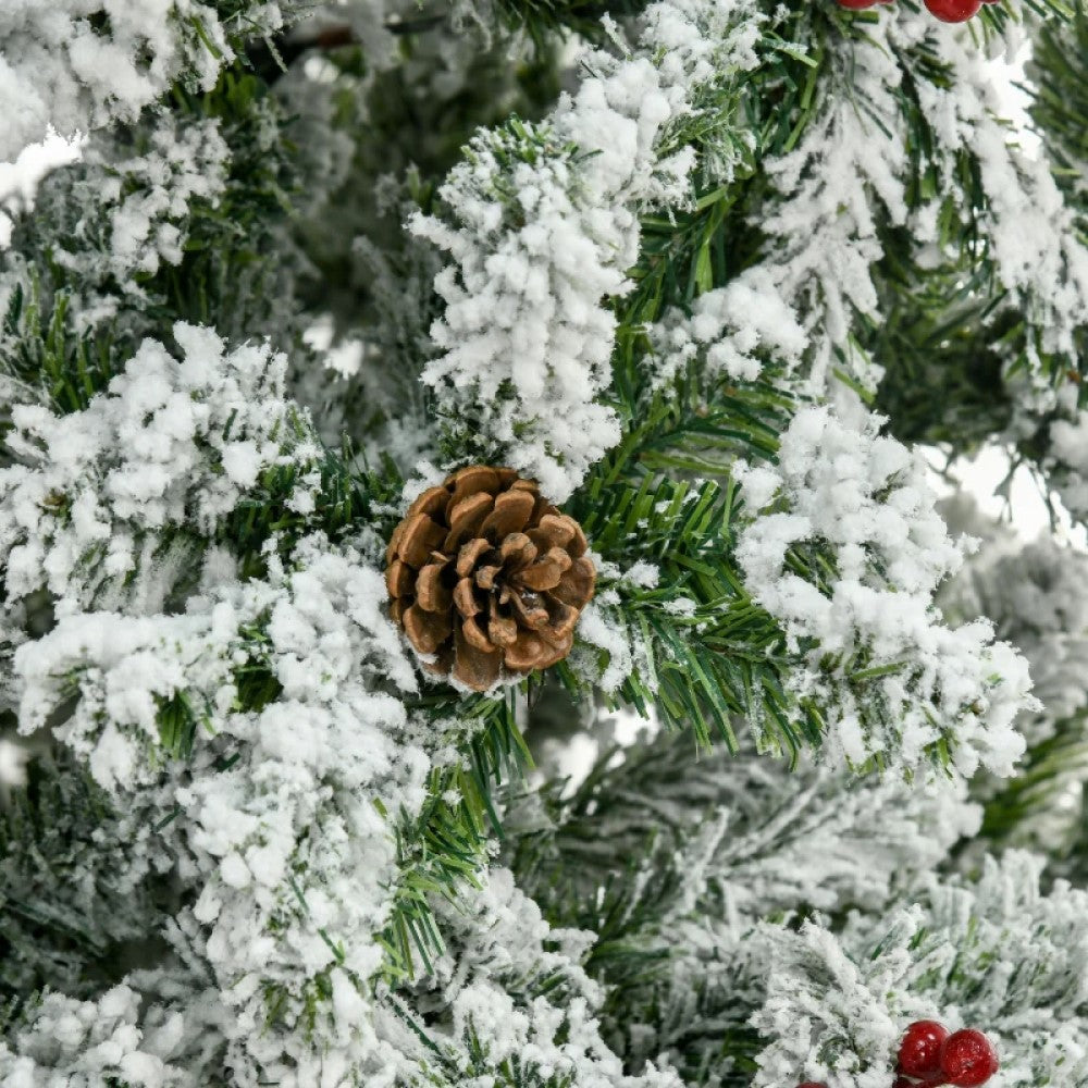 6ft, 7.5ft, 9ft Pencil Snow-Flocked Artificial Christmas Trees with Realistic Pine Branches, Pine Cones, Red Berries, and Auto-Open Design (Green)