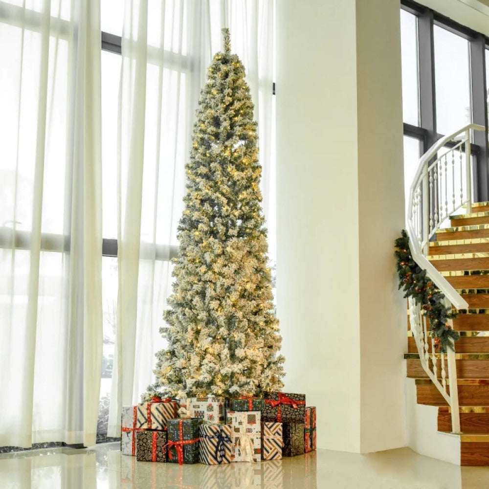 6ft, 7.5ft and 9ft Pre-Lit Snow-Flocked Slim Douglas Fir Artificial Christmas Trees with LED Lights, Realistic Branches, and 641, 988, and 462 Tips