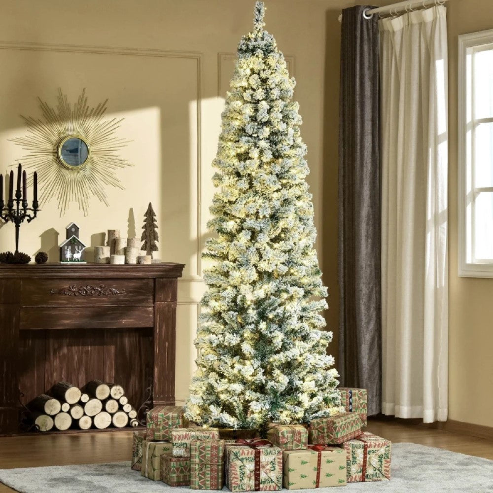 6ft, 7.5ft and 9ft Pre-Lit Snow-Flocked Slim Douglas Fir Artificial Christmas Trees with LED Lights, Realistic Branches, and 641, 988, and 462 Tips