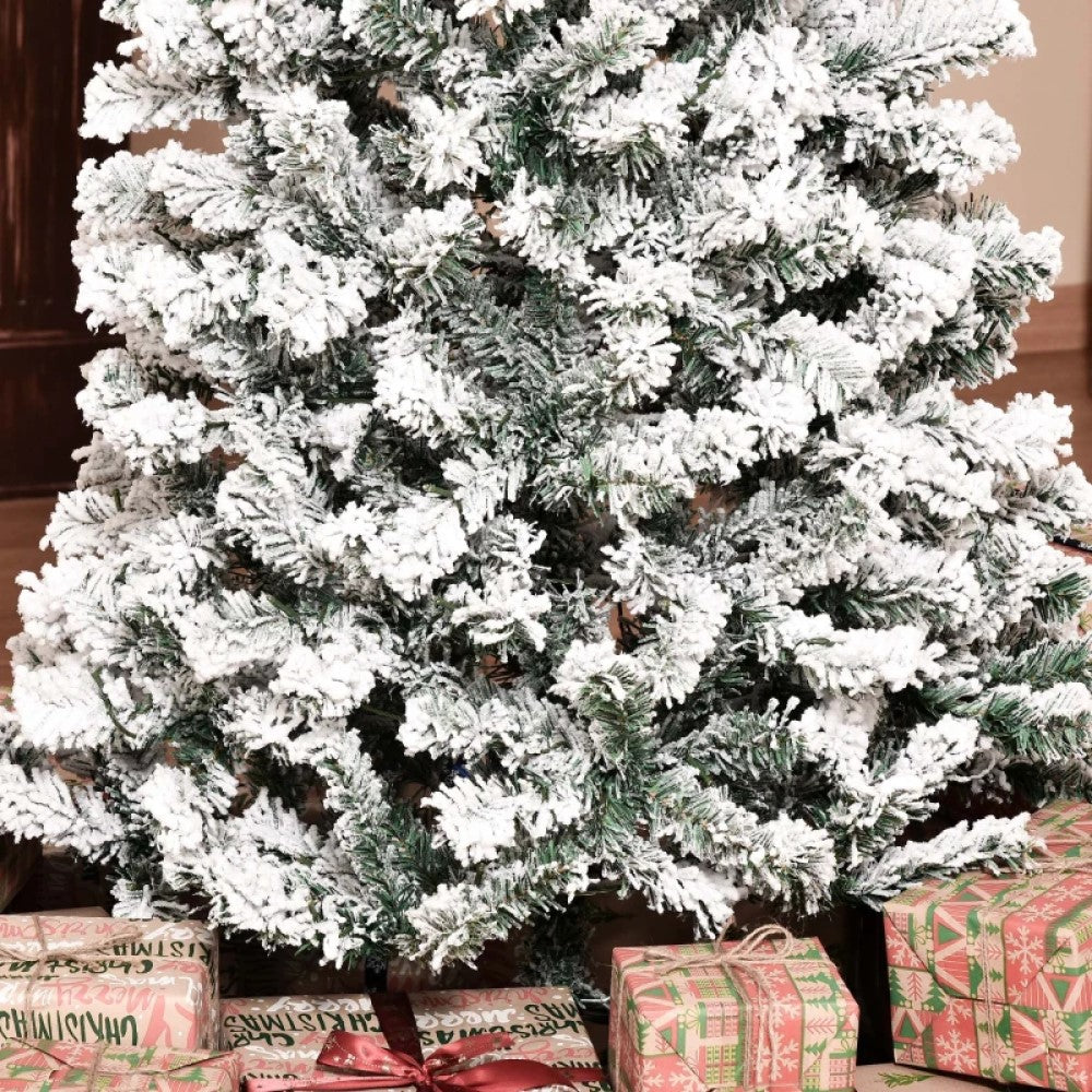 6ft, 7.5ft and 9ft Pre-Lit Snow-Flocked Slim Douglas Fir Artificial Christmas Trees with LED Lights, Realistic Branches, and 641, 988, and 462 Tips