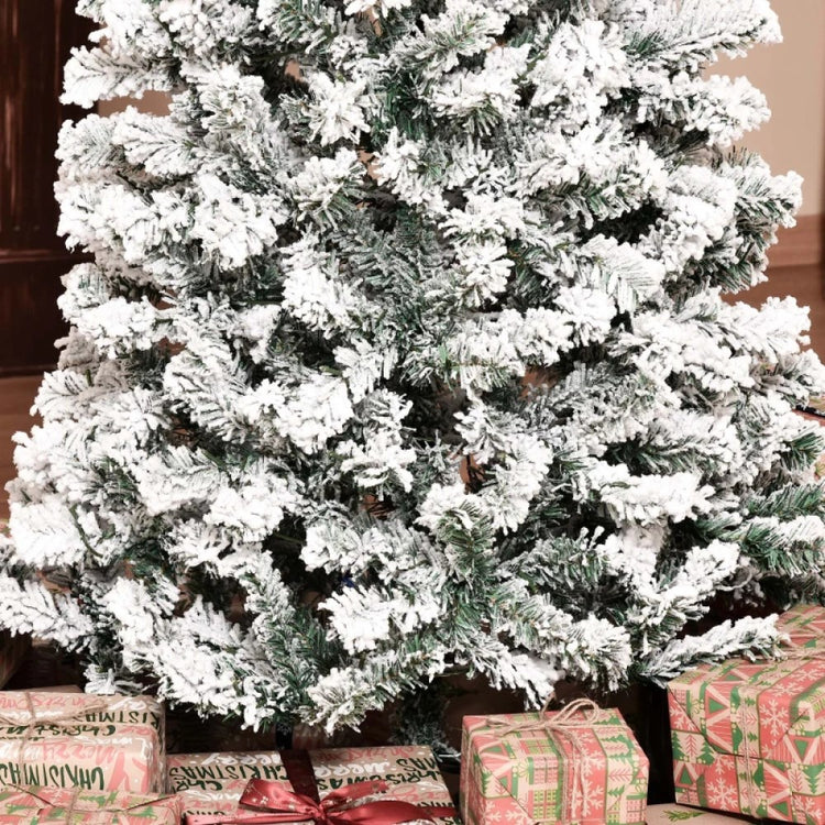 6ft, 7.5ft and 9ft Pre-Lit Snow-Flocked Slim Douglas Fir Artificial Christmas Trees with LED Lights, Realistic Branches, and 641, 988, and 462 Tips