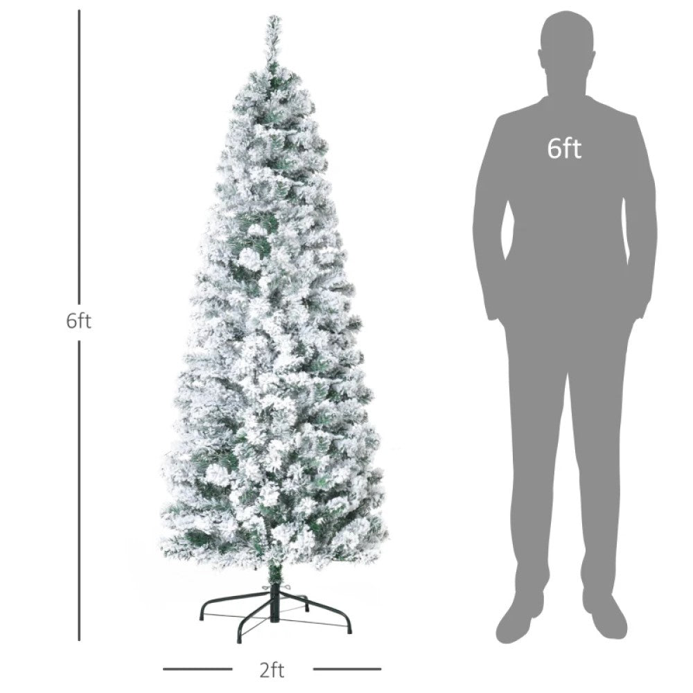 6ft, 7.5ft and 9ft Pre-Lit Snow-Flocked Slim Douglas Fir Artificial Christmas Trees with LED Lights, Realistic Branches, and 641, 988, and 462 Tips