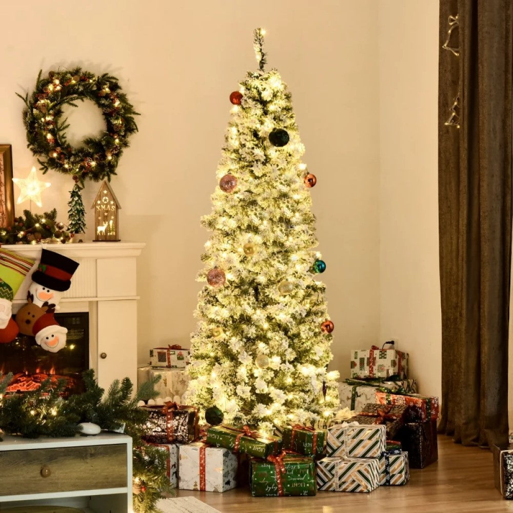 6ft, 7.5ft and 9ft Pre-Lit Snow-Flocked Slim Douglas Fir Artificial Christmas Trees with LED Lights, Realistic Branches, and 641, 988, and 462 Tips