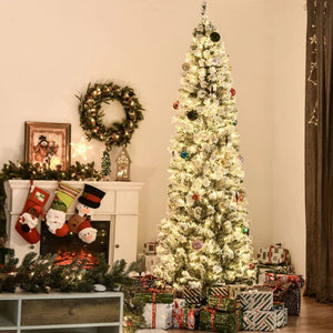 6ft, 7.5ft and 9ft Pre-Lit Snow-Flocked Slim Douglas Fir Artificial Christmas Trees with LED Lights, Realistic Branches, and 641, 988, and 462 Tips
