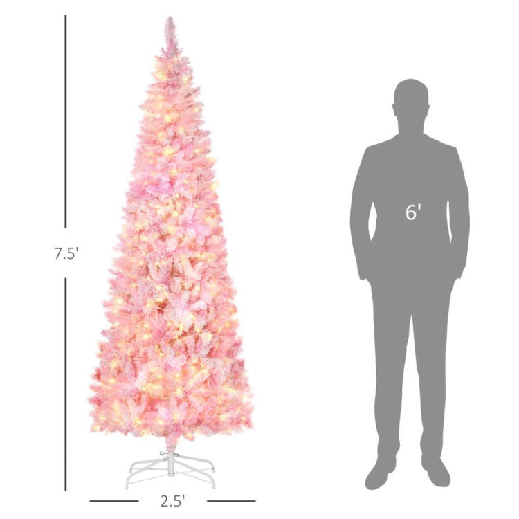 6ft and 7.5ft Pre-Lit Snow Flocked Pencil Christmas Tree, Warm White LED, Auto Open