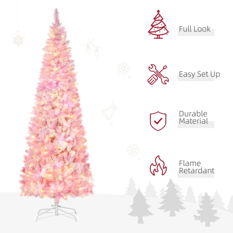 6ft and 7.5ft Pre-Lit Snow Flocked Pencil Christmas Tree, Warm White LED, Auto Open